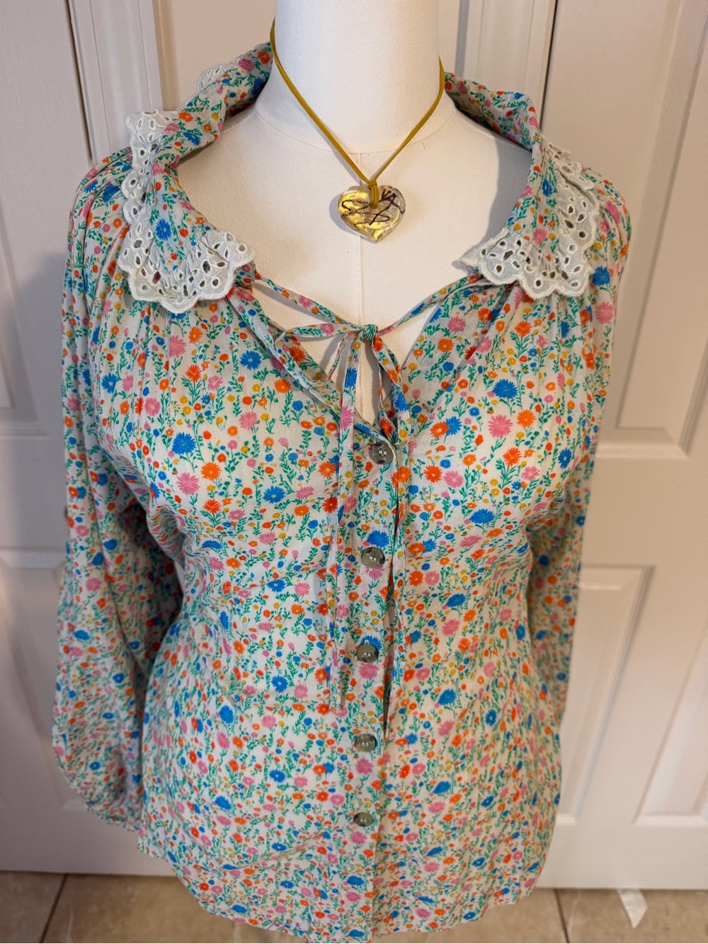 Floral Tie-Neck Blouse with Lace Collar - Cream Multicolor